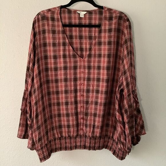 Cato Tops - Red Plaid Cabincore Holiday Autumn Fall Christmas Ruffle Sleeve Top 22/24W